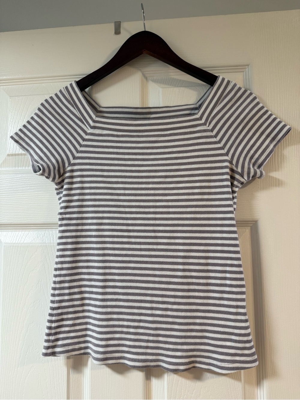 Anthropologie Gray & White Striped Ribbed Square-Neck Crop Top